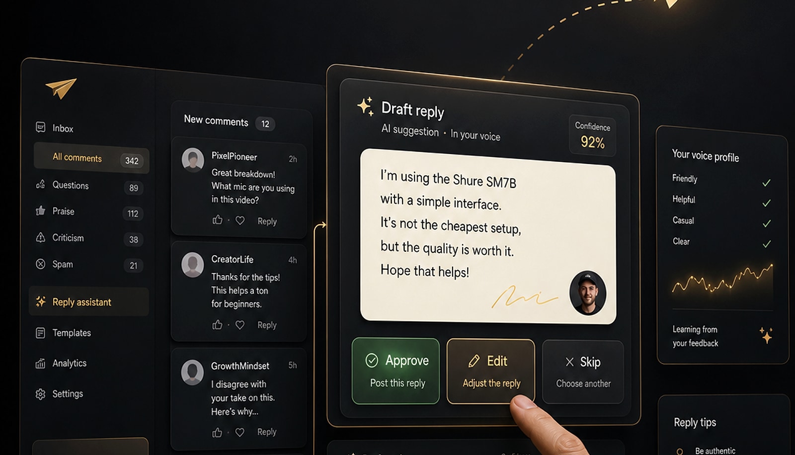 CommentPilot comment inbox with AI-drafted reply and approve/skip controls